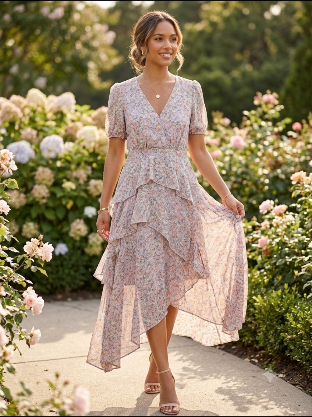 Floret Studios Floral High Low Ruffle Midi Dress Small Cottagecore Garden Party
